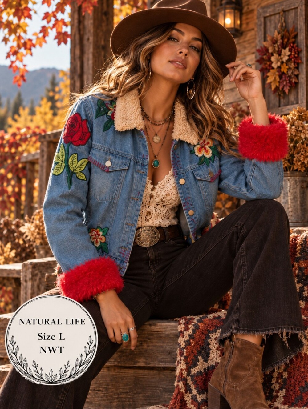 Natural Life NWT Embroidered Faux Fur Boho Denim Jacket Size L
